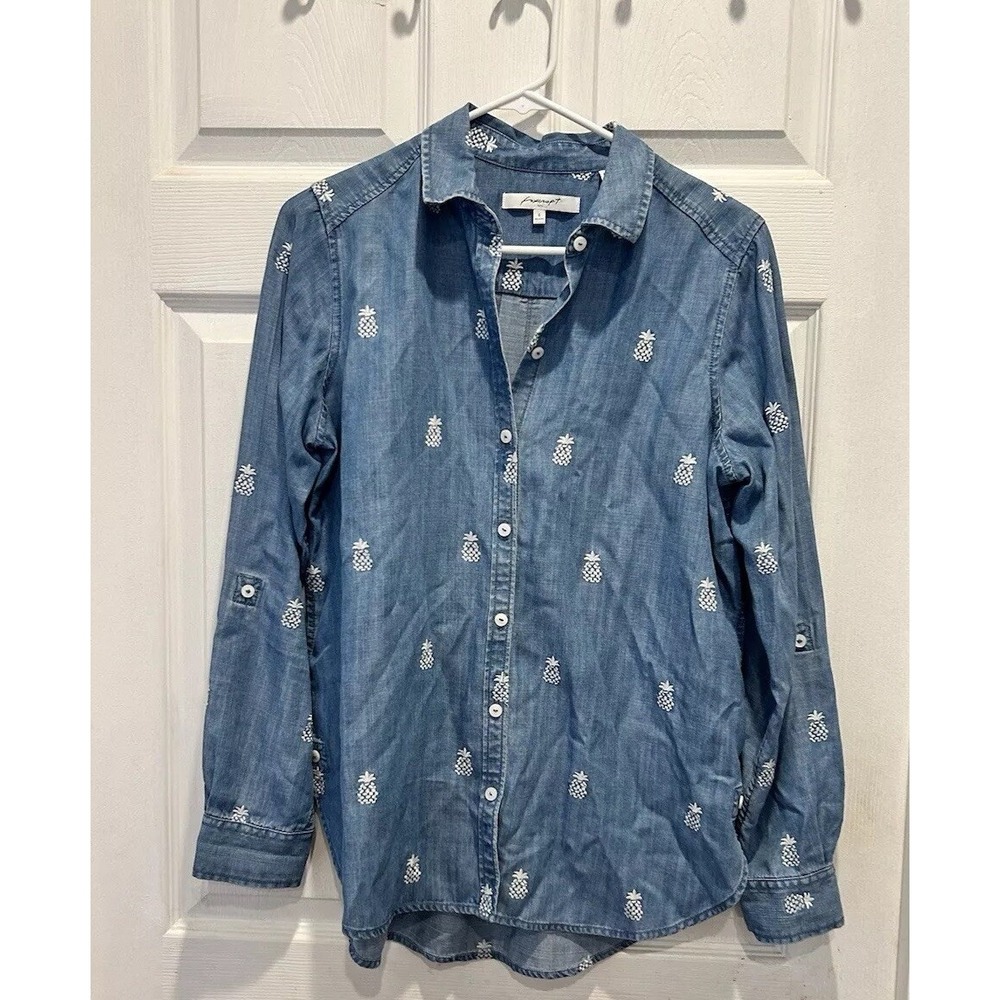 Foxcroft NYC Blue Tencel Pineapple Embroidered Button‎ Down Shirt Womens 6 Coast